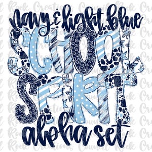 School Spirit Alpha Set PNG, Navy and Light Blue, Doodle Letters, Hand Lettered, 6 Patterns, Alphabet