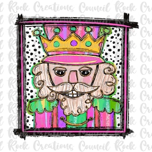 以下が含まれることがあります： ピンクの帽子、緑と紫のジャケット、金色の王冠をかぶったナッツクラッカーのカラフルなイラスト。ナッツクラッカーは、黒のドットがついた白い背景に配置されています。