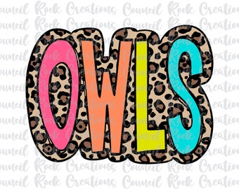 Owls PNG, Colorful, Leopard Print, Mascot, School Spirit, Team Spirit, Digital File, Sublimation Download, DTF