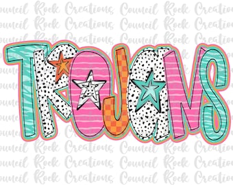 May include: A colorful graphic design with the word "TROJANS" in a bold, stylized font. The letters are decorated with various patterns, including stripes, polka dots, and stars.