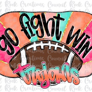 Go Fight Win Trojas Fußball, bunt, kariert, handbeschriftet, Schulgeist, Teamgeist, digitale Datei, Sublimationsdownload, DTF