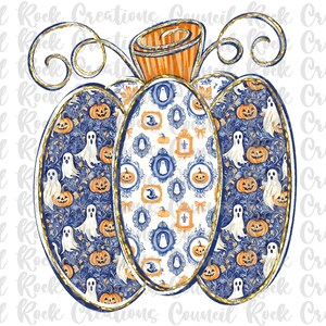 May include: A decorative pumpkin illustration with a blue and gold color scheme. The pumpkin is decorated with ghosts, jack-o'-lanterns, and framed pictures. The stem is orange and the design has a vintage feel.