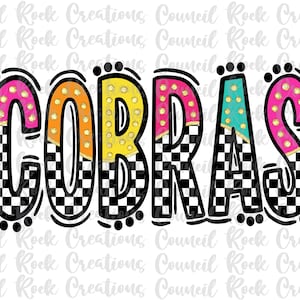 Cobras png, cuadros, letras brillantes, puntos dorados brillantes, mascota, espíritu escolar, espíritu de equipo, archivo digital, sublimación, DTF