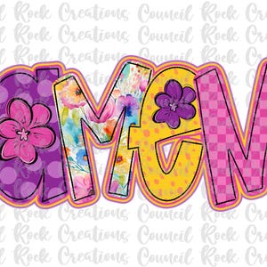 May include: A colorful floral design with the word "AMEN" in large, outlined letters. The letters are decorated with polka dots, floral patterns, and checkered patterns.
