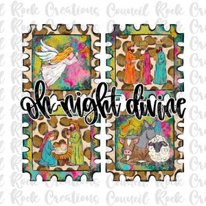 May include: A square design with four panels depicting a Christmas theme. Each panel features a different scene, including an angel, the three wise men, the nativity scene, and animals. The words "Oh night divine" are written across the center.