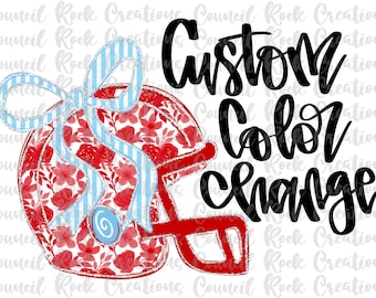 May include: A red American football helmet with a floral design and a light blue striped bow. The text "Custom Color Change" is in black script. The design is on a white background.