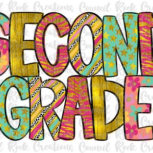 May include: A bright graphic displaying the text "SECOND GRADE". The letters are decorated with diverse patterns, such as floral, gold, striped, and star motifs, all outlined in black. The design is lively and ideal for educational or back-to-school projects.