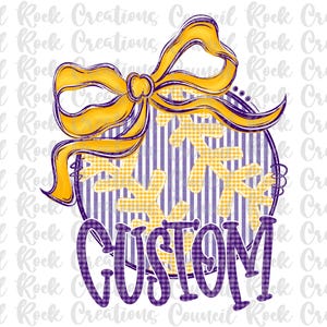 May include: A decorative ornament design featuring a yellow bow and snowflake accents. The ornament has a purple and white striped background with the word "CUSTOM" in a purple plaid font.