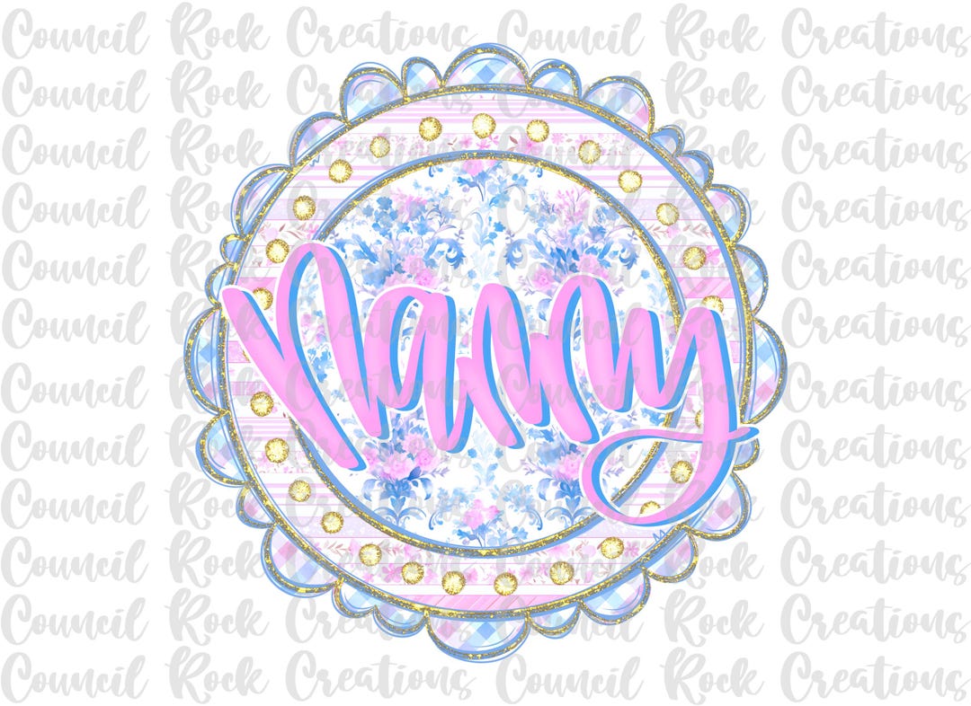 Nanny Lettering Nanny Png, Blue Pink Floral, Stripes, Hand Lettered, Scalloped Frame ...
