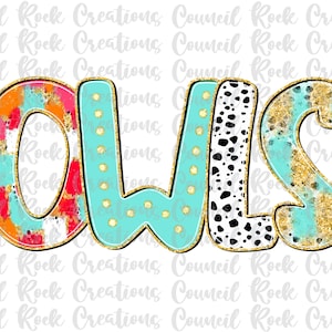 Owls png, Colorful, Brushstrokes , Dalmatian Dots, Glitter, Mascot, School Spirit, Team Spirit, Digital File, Sublimation Download, DTF
