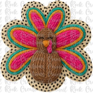 May include: A decorative turkey design with a brown body and a vibrant fan of feathers. The feathers are a combination of pink, teal, and orange, outlined with a dotted beige pattern. The turkey has a pink wattle and closed eyes.