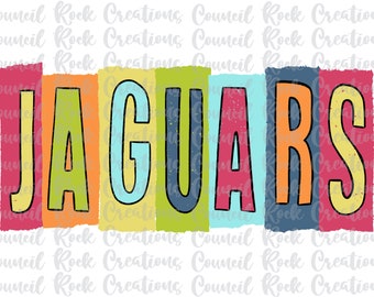 May include: A colourful graphic design with the word "JAGUARS" in bold black letters. Each letter is a different colour and has a textured background. The colours are red, orange, yellow, green, blue, and pink.