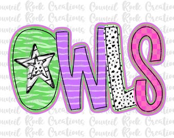 Owls  png, Colorful, Checkered, Zebra Print, Dalmatian Dots, Hand Lettered, School Spirit, Mascot, Digital File, Sublimation, DTF