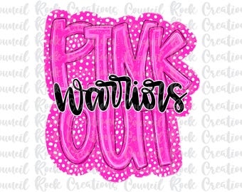 May include: Pink and white graphic with the text "Pink Warriors" in black. The graphic has a polka dot background.