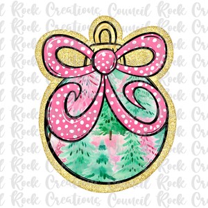 May include: A gold glitter Christmas ornament with a pink bow and a watercolor design of green trees and pink flowers.