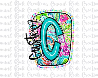 CUSTOM “Made to Order” Digital PNG File, Scribble Letter, Bright Paisley Floral Background, DTF, Sublimation