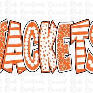 May include: Orange and white graphic that spells out the word "JACKETS". The letters have different patterns, including stars, stripes, and polka dots. The design is outlined in black.