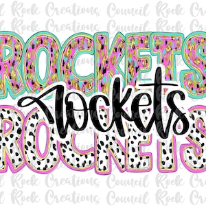 May include: A colorful graphic design featuring the word "ROCKETS" in a layered style. The top layer has a leopard print pattern with pink, gold, and teal accents. The word "Rockets" is also written in a black script font.