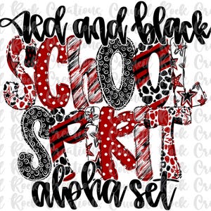 Conjunto Alfa do Espírito Escolar PNG, Vermelho e Preto, Letras Rabiscadas, Letras à Mão, 6 Padrões, Alfabeto