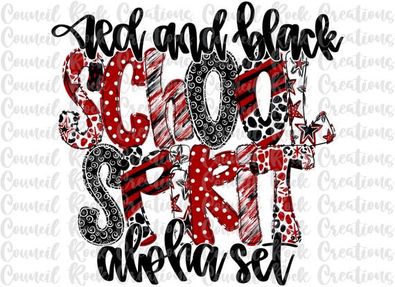 School Spirit Alpha Set PNG, Red and Black, Doodle Letters, Hand Lettered, 6 Patterns, Alphabet