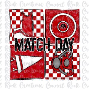 Op de afbeelding: Een digitale illustratie van een ontwerp voor een worstelwedstrijd dag. Het ontwerp heeft een rood-wit geruite achtergrond met een worstelpak, een worstelmat, een fluitje en een worstelhelm. De tekst "MATCH DAY" is geschreven in zwarte letters.