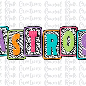 May include: Colorful letters spelling out "ASTROS" in a blocky font with a black and white patterned background. Each letter is outlined in black and has a different color.