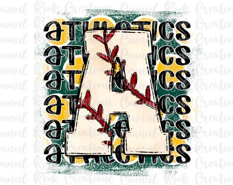 May include: A white letter A with red stitching, surrounded by the word "Athletics" in black text on a green and yellow background.