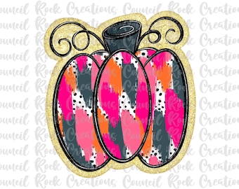 May include: A pink, orange, black, and white abstract pumpkin with a gold glitter outline. The pumpkin has a black stem and a gold glitter swirl design.