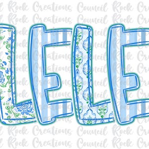 May include: The name "LELE" is spelled out in blue letters with different patterns. The first and last letters have a blue and white floral pattern. The middle two letters have a blue and white striped pattern.