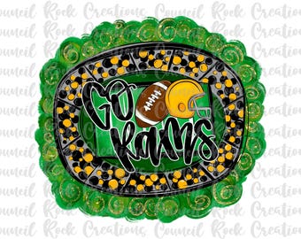May include: A digital graphic with the words "Go Rams" in black script, featuring a football and helmet. The design is set on a green field with a black and gold border, surrounded by a green and gold decorative frame.