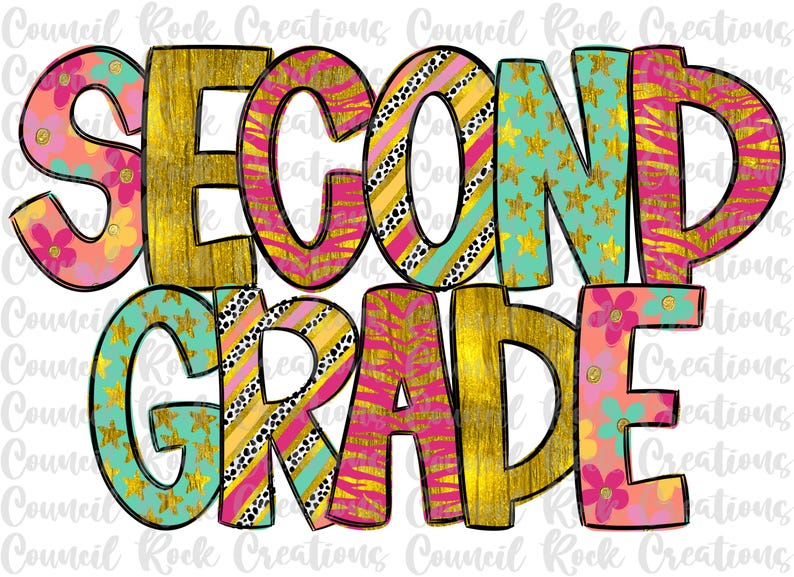 May include: A bright graphic displaying the text "SECOND GRADE". The letters are decorated with diverse patterns, such as floral, gold, striped, and star motifs, all outlined in black. The design is lively and ideal for educational or back-to-school projects.