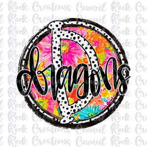 May include: A black and white circle with a floral pattern in pink, yellow, and blue. The word "Dragons" is written in black cursive lettering.