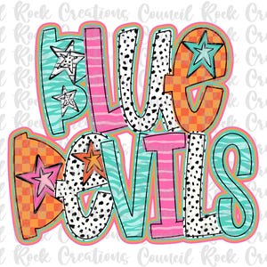 May include: A colorful graphic design with the text "BLUE DEVILS" in a bold, playful font. The letters are decorated with various patterns, including stripes, polka dots, and animal print.
