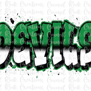 May include: Green and black graphic text that reads "Devils" with a white stripe across the middle. The text is stylized with a graffiti-like font and is set against a white background with green and black paint splatters.