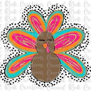 May include: A colorful turkey illustration with a black and white polka dot border. The turkey features a brown body, a pink wattle, and a vibrant fan of feathers in shades of orange, pink, and teal, with gold accents.