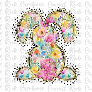 May include: A floral bunny silhouette with a gold outline and a black and white polka dot background. The bunny is filled with watercolor flowers in shades of pink, yellow, blue, and green.