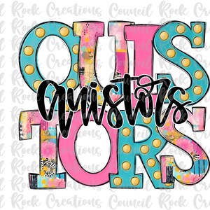 May include: A colorful graphic design featuring the word "Outsiders" in large, stylized letters. The letters are a mix of teal, pink, and watercolor patterns, outlined in black, with gold-colored light bulbs. The word "Quistors" is written in black script over the top.
