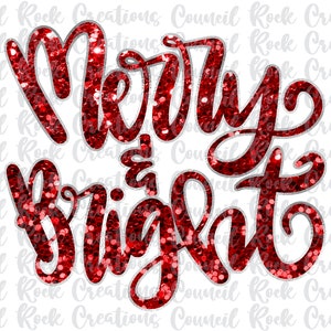 Könnte beinhalten: Ein festliches Design mit den Worten "Merry & Bright" in roter Glitzer-Schrift. Der Text hat einen handschriftlichen Stil, perfekt für weihnachtliche Bastelarbeiten und Dekorationen. Der Hintergrund ist weiß.