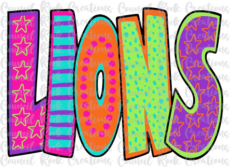May include: Colorful word art spelling "LIONS" with each letter in a different pattern and color. The "L" is pink with yellow stars, the "I" is blue and purple with stripes, the "O" is orange with pink polka dots, the "N" is green with blue polka dots, and the "S" is purple with orange stars.