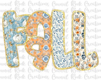 May include: The word "FALL" in a decorative font, featuring a gold glitter outline. Each letter is filled with a unique pattern: pumpkins, floral designs, and vases in shades of blue, orange, and white. The design is set against a white background.