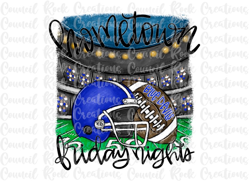 Blue Devils, Hometown Friday Nights PNG, voetbalstadion, helm, voetbal, koninklijk en wit, digitaal bestand, sublimatie, DTF, schoolgeest afbeelding 1