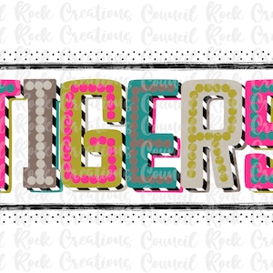 Tigers PNG, Colorful Retro Dots Print, School Spirit, Team Spirit, Digital File, Sublimation Download, DTF, Mascot