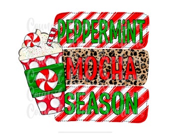 Puede incluir: Un fondo a rayas rojas y blancas con el texto "Peppermint Mocha Season" en letras verdes y rojas. Una imagen de dibujos animados de una bebida de mocha con menta y crema batida y un bastón de caramelo.