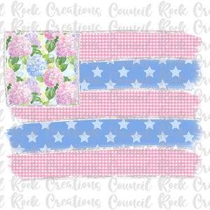 May include: A digital graphic design featuring a stylized flag pattern. The canton displays a floral print of pink and blue hydrangeas. The stripes alternate between a pink and white gingham check pattern and light blue bands with white stars.