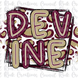 May include: A digital design featuring the word "DEVINE" in a bold, outlined font. The letters are in a maroon color with a gold outline. The background is a white and gold leopard print with a black grunge effect.