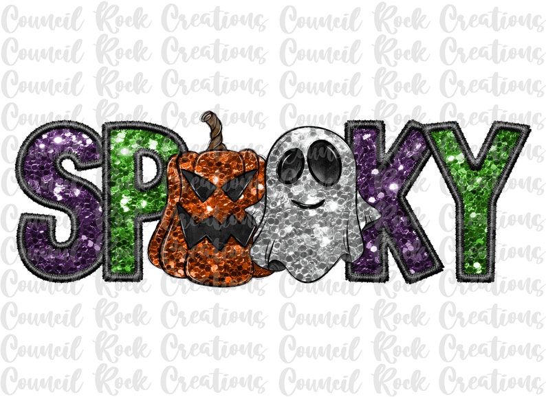 May include: A sparkly green, purple and black "Spooky" sign with a glitter pumpkin and ghost. The pumpkin has an orange and brown glitter design and a jack-o-lantern face. The ghost is white with a silver glitter design.