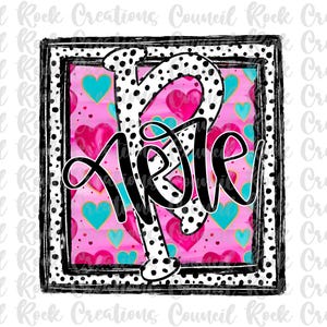 Puede incluir: Un diseño cuadrado con la palabra "Aloha" en escritura negra y una "P" con lunares. El fondo presenta corazones rosas y turquesas sobre un fondo rosa, enmarcado por un borde punteado en blanco y negro.