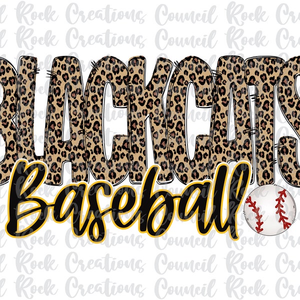 Blackcats Baseball PNG, Cheetah Print Doodle Letters, School Spirit, Game Day, Digital File, Sublimation Download, DTF