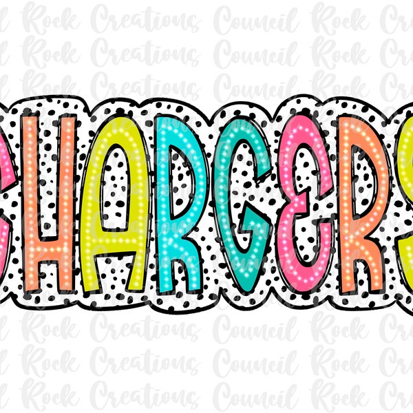 Chargers PNG, Colorful, Dalmatian Dots, Mascot, School Spirit, Team Spirit, Digital Gile, Sublimation Download, DTF