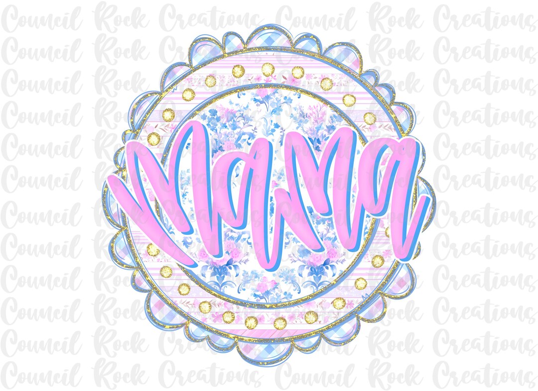Mama Png, Blue Pink Floral, Stripes, Hand Lettered, Scalloped